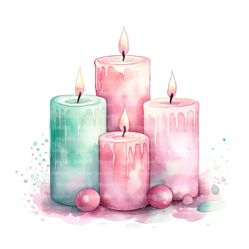 10 Pink and Green Candles Clipart, Digital Download, Printable
