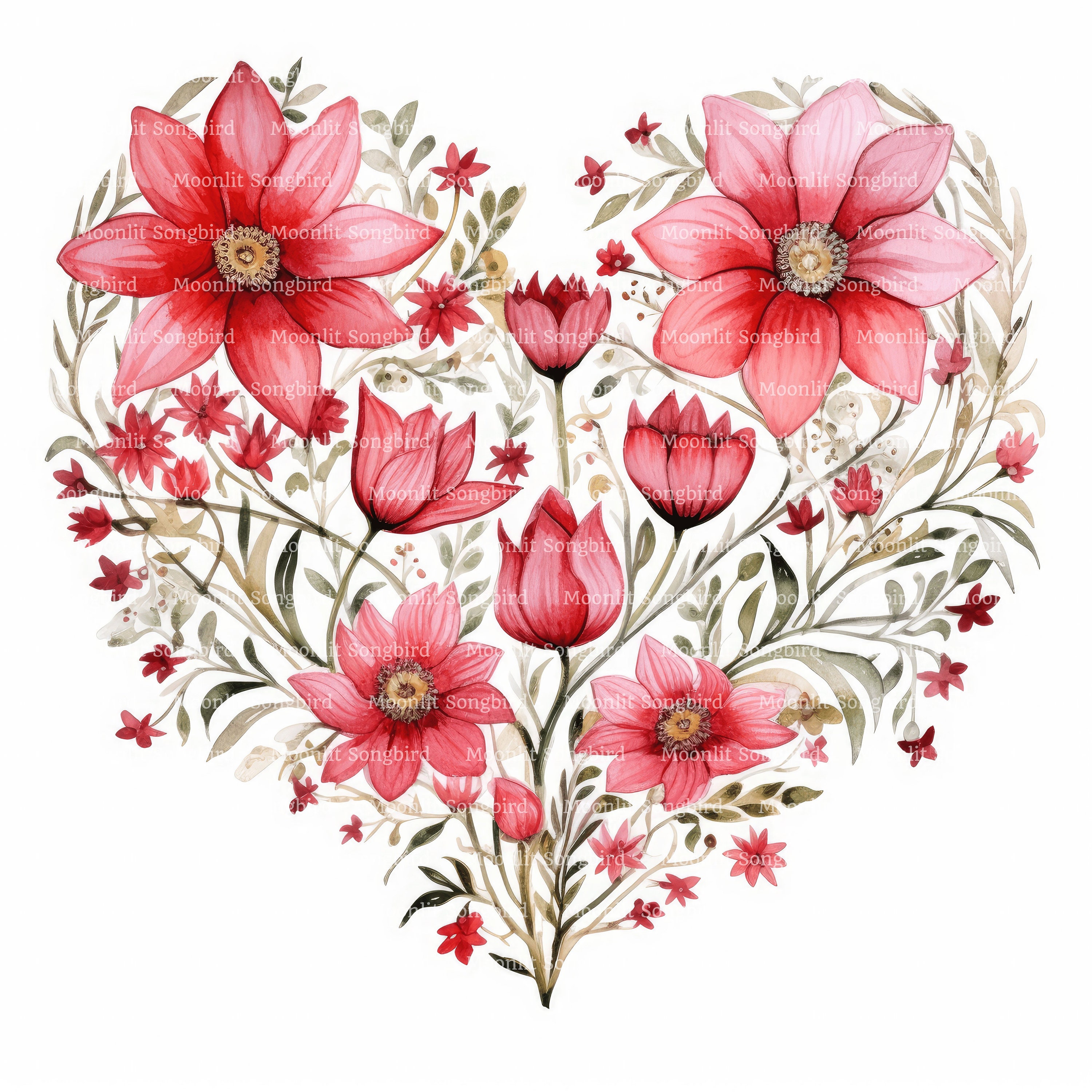 10 Floral Hearts Clipart, Digital Download, Printable Watercolor Card ...