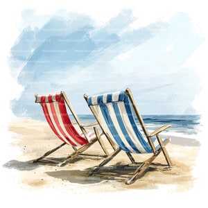12 cliparts de chaises de plage, téléchargement numérique, clipart aquarelle imprimable, travaux manuels en papier, plage de sable, été, JPG de haute qualité, journal indésirable