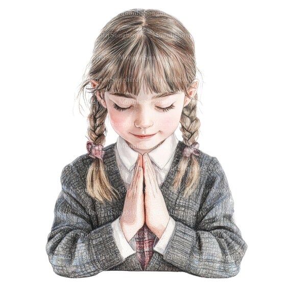 12 Schoolgirl Praying Clipart, Digital Download, Cute Little Girl