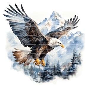 8 Aigle dans les montagnes en hiver des cliparts, téléchargement numérique, image aquarelle imprimable, travaux manuels en papier, neige, froid, oiseau, vol, JPG, journal indésirable