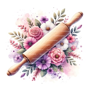 10 bloemen deegrollers clipart, digitale download, afdrukbare aquarel, papier ambachten, bakken, bloemen, chef-kok, keuken, jpg, junk Journal