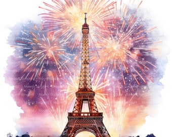 12 Eiffel Tower Fireworks Clipart, Digital Download, Printable Watercolor, Paper Crafts, High resolution, High Quality JPG, Junk Journal