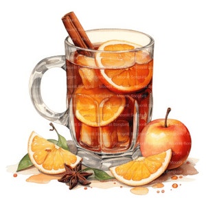 K&ouml;nnte beinhalten: Ein Glasbecher gef&uuml;llt mit einer dunkelbraunen Fl&uuml;ssigkeit, garniert mit Orangenscheiben und einem Zimtstange. Der Becher ist umgeben von Orangenscheiben, einem Sternanis und einem roten Apfel.