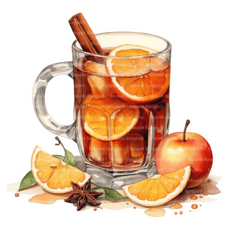 K&ouml;nnte beinhalten: Ein Glasbecher gef&uuml;llt mit einer dunkelbraunen Fl&uuml;ssigkeit, garniert mit Orangenscheiben und einem Zimtstange. Der Becher ist umgeben von Orangenscheiben, einem Sternanis und einem roten Apfel.