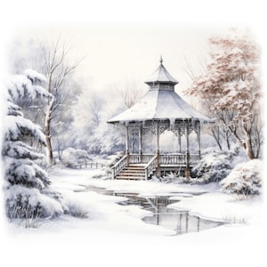 10 Gazebo in Winter Park Clipart, Digitale Download, Afdrukbare aquarel, Papierambachten, Hoge resolutie, Hoge kwaliteit JPG, Junk Journal