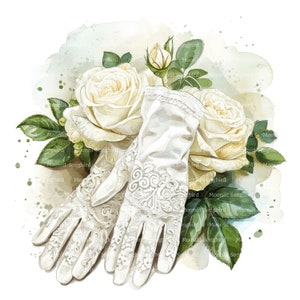 16 Brautspitzenhandschuhe mit weißen Rosen, Clipart, digitaler Download, druckbare Aquarell Clipart, Papierhandwerk, romantische Hochzeit, Junk Journal