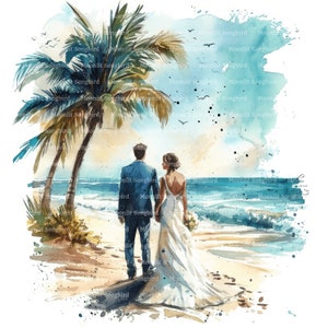 16 clipart de noivos na praia, download digital, casamento na praia, clipart em aquarela para impressão, artesanato em papel, JPG, diário de lixo