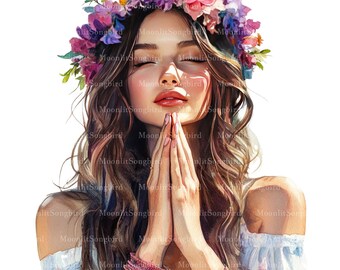 イラスト化 お花冠付き 花冠をかぶって祈る女性のイラスト12点、デジタルダウンロード、JPG