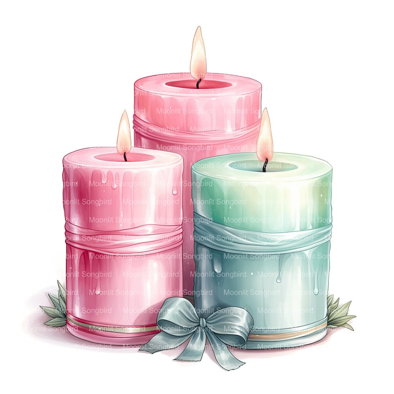 10 Pink and Green Candles Clipart, Digital Download, Printable