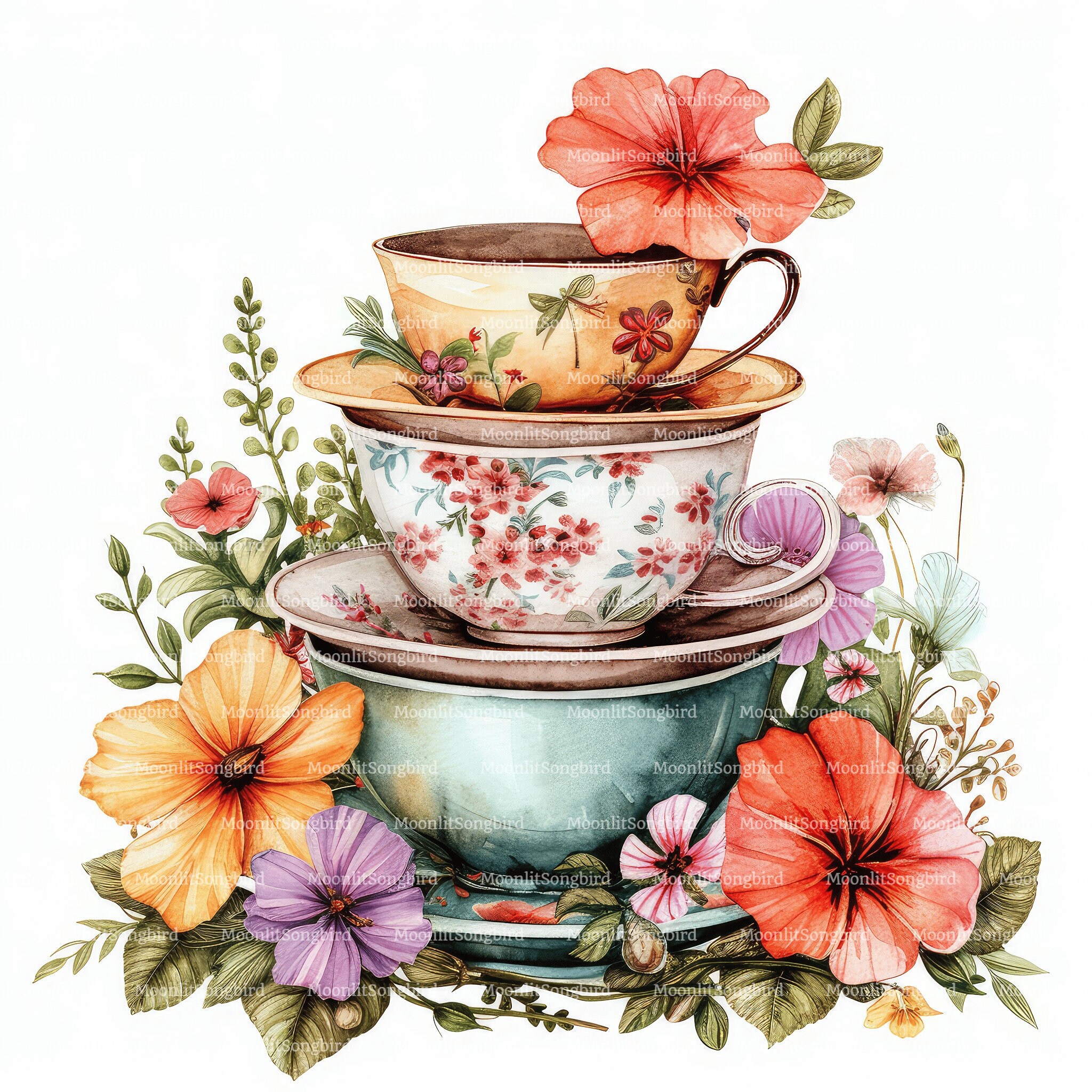 12 Floral Stack of Teacups Clipart, Digital Download, Printable ...