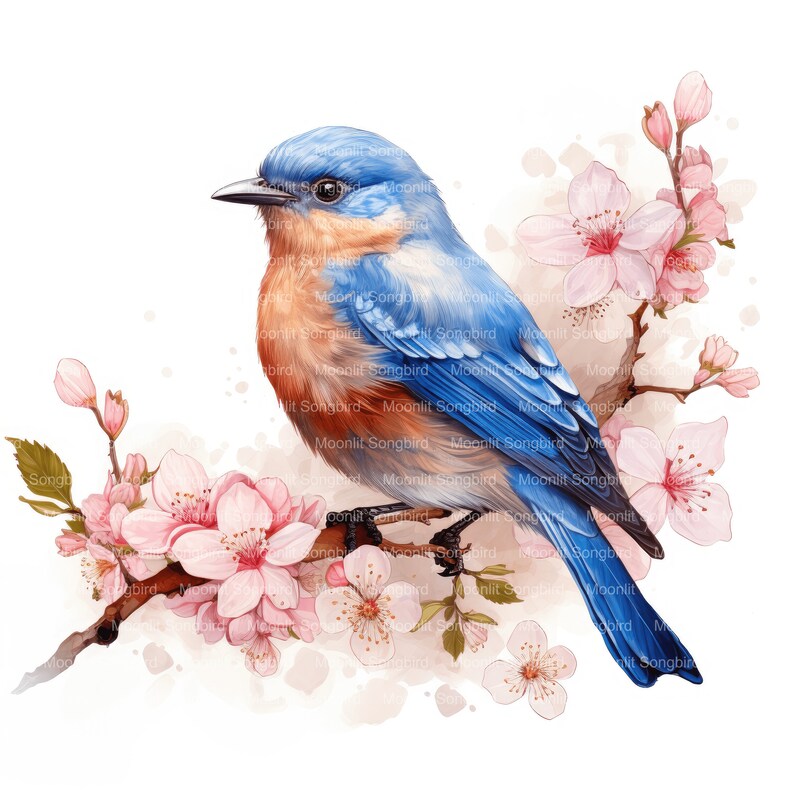 May include: A bluebird perched on a branch with pink blossoms. The bird has a blue back and wings, a brown breast, and a black eye. The blossoms are delicate and have a soft, watercolor-like appearance.