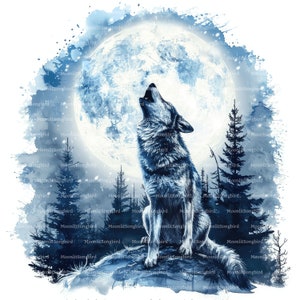 12 Wolf heulen bei Mond Clipart, digitaler Download, druckbare Aquarell Clipart, Wolf und Vollmond, hochwertige JPG & PNG, Junk Journal