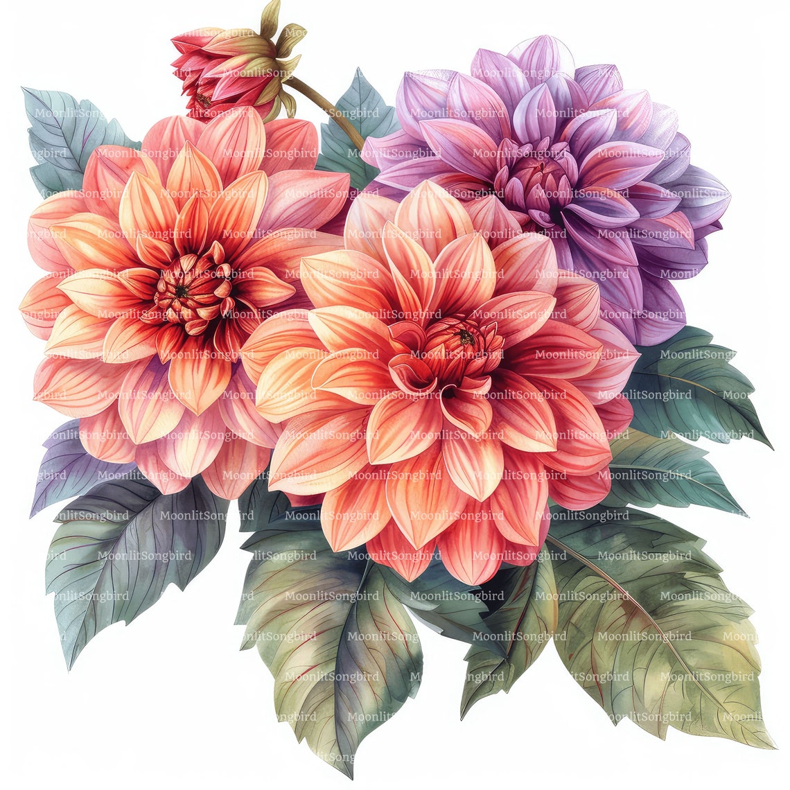 10 Dahlia Bouquets Clipart, Digital Download, Printable Watercolor ...