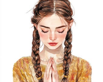 10 Praying Girl with Braided Hair  Clipart, Digital Download, JPG & PNG, Girl Praying, Woman Praying, Christian Girl, Modest Praying Woman