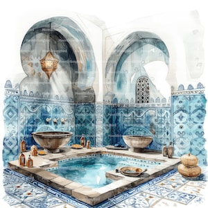 14 Clipart hammam, téléchargement numérique, clipart aquarelle imprimable, créations en papier, spa, soins personnels, bain, détente, JPG de haute qualité, journal indésirable