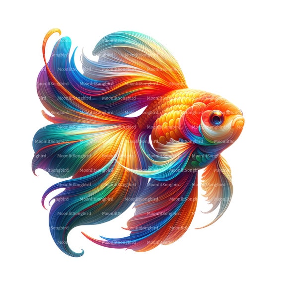 虹色の金魚の水彩画クリップアート、印刷可能な魚のアート（デジタル