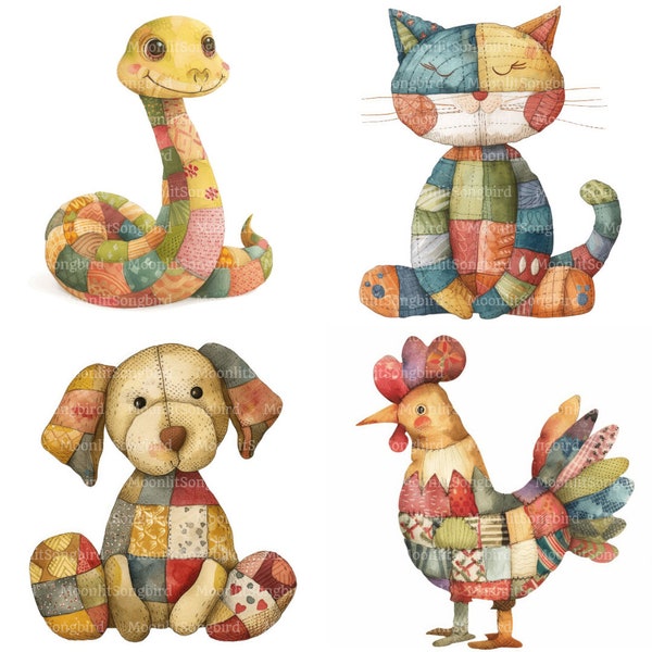 25 Patchwork Animals Clipart, Téléchargement numérique, Images aquarelles imprimables, Artisanat en papier, Animal en peluche matelassé, Courtepointe, Poupée, Junk Journal