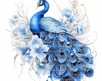 May include: A blue peacock with its tail feathers spread out in a fan shape. The peacock is surrounded by white flowers and delicate grey vines.