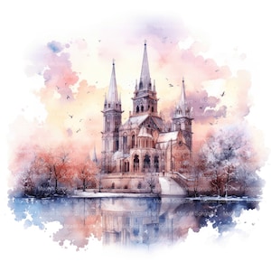 10 Cattedrale in inverno Clipart, Download digitale, Immagini ad acquerello stampabili, Mestieri di carta, Alta risoluzione, JPG di alta qualità, Diario spazzatura