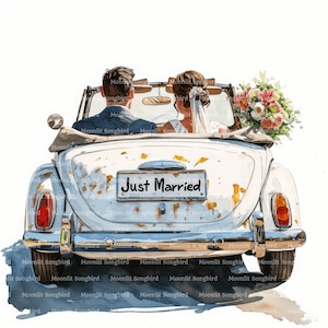 12 Just Married Car With Bride and Groom Clipart, PNG & JPG, Digital ...