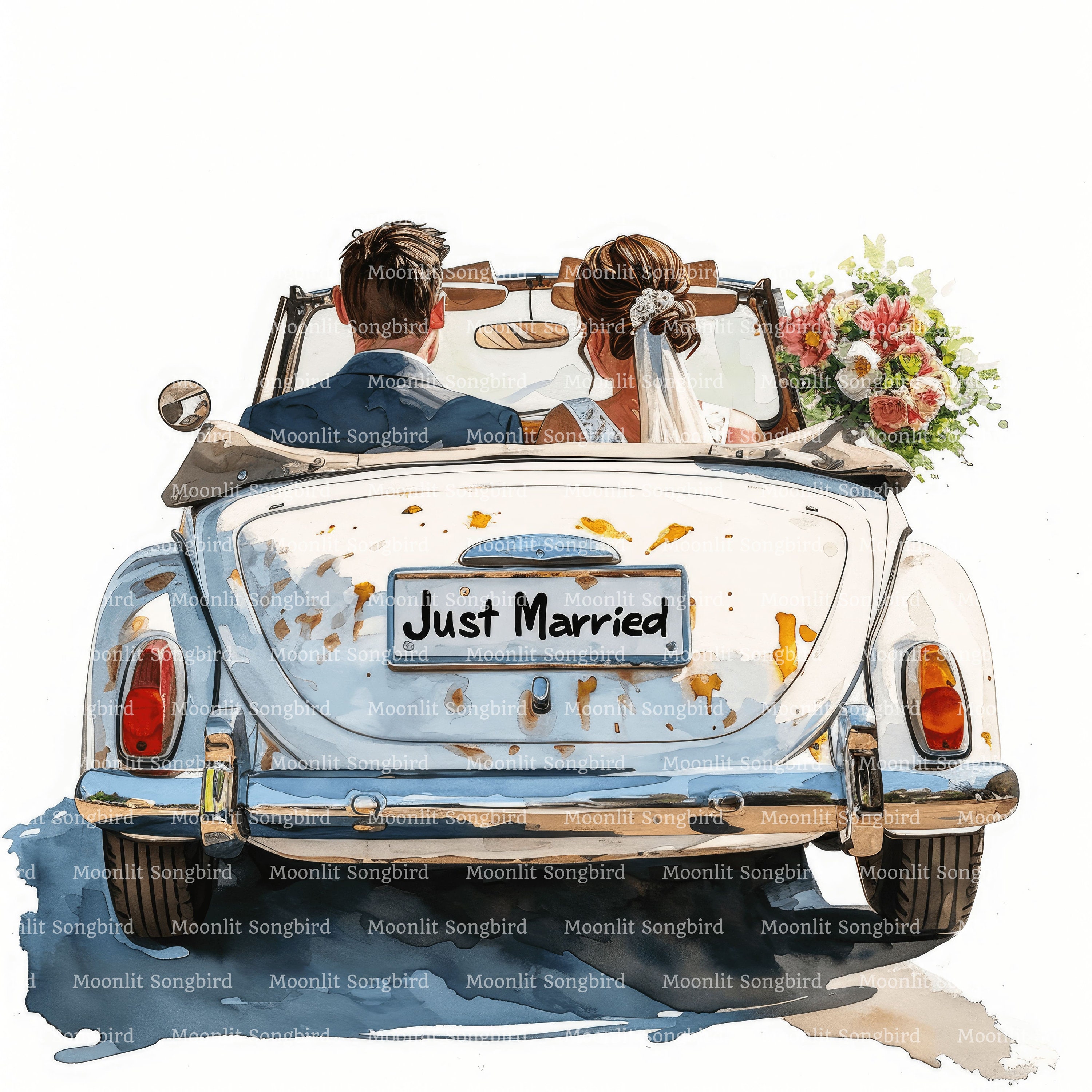 12 Just Married Car With Bride and Groom Clipart, Digital Download ...