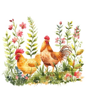 16 Hühner im Blumengarten Clipart, digitaler Download, druckbare Aquarell Clipart, Papierhandwerk, Floral, hochwertige JPG, Junk Journal