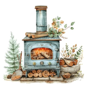 12 Clipart di stufe a legna d'epoca, download digitale, clipart acquerello stampabile, lavori di carta, retrò, cucina carina JPG, diario spazzatura