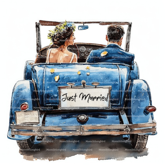 10 Just Married Car Clipart, Digital Download, Printable
