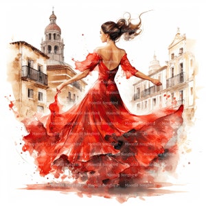 Danseuse de flamenco espagnole en Andalousie Clipart, téléchargement numérique, clipart aquarelle imprimable, créations en papier, Espagne, rouge, JPG, Junk Journal