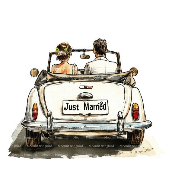 14 Just Married Car Clipart, Bride and Groom, Wedding Day, Love