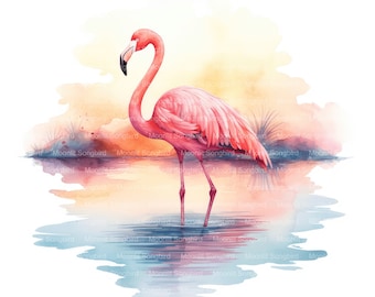 10 Flamingo in Lagoon at Sunset Clipart, Digital Download, Printable Watercolor, Paper Crafts, High Resolution and Quality JPG, Junk Journal