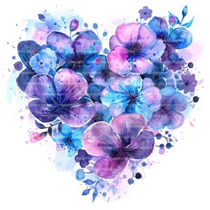 12 cuori floreali viola Clipart, download digitale, immagini acquerello stampabili, lavori di carta, romantici, amore, JPG di alta qualità, diario spazzatura