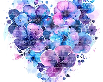 12 lila blommiga hjärtan Clipart, digital nedladdning, utskrivbara akvarellbilder, papperspyssel, romantisk, kärlek, högkvalitativ JPG, skräpjournal