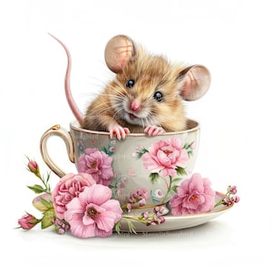 12 Clipart di topi in tazza da tè, download digitale, clipart acquerello stampabile, lavoretti di carta, tazza da tè vintage con fiori, fiori, diario di scarto, topi