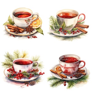 14 Clipart di tè di Natale invernale, download digitale, immagine acquerello stampabile, lavoretti di carta, alta risoluzione, JPG di alta qualità, Junk Journal