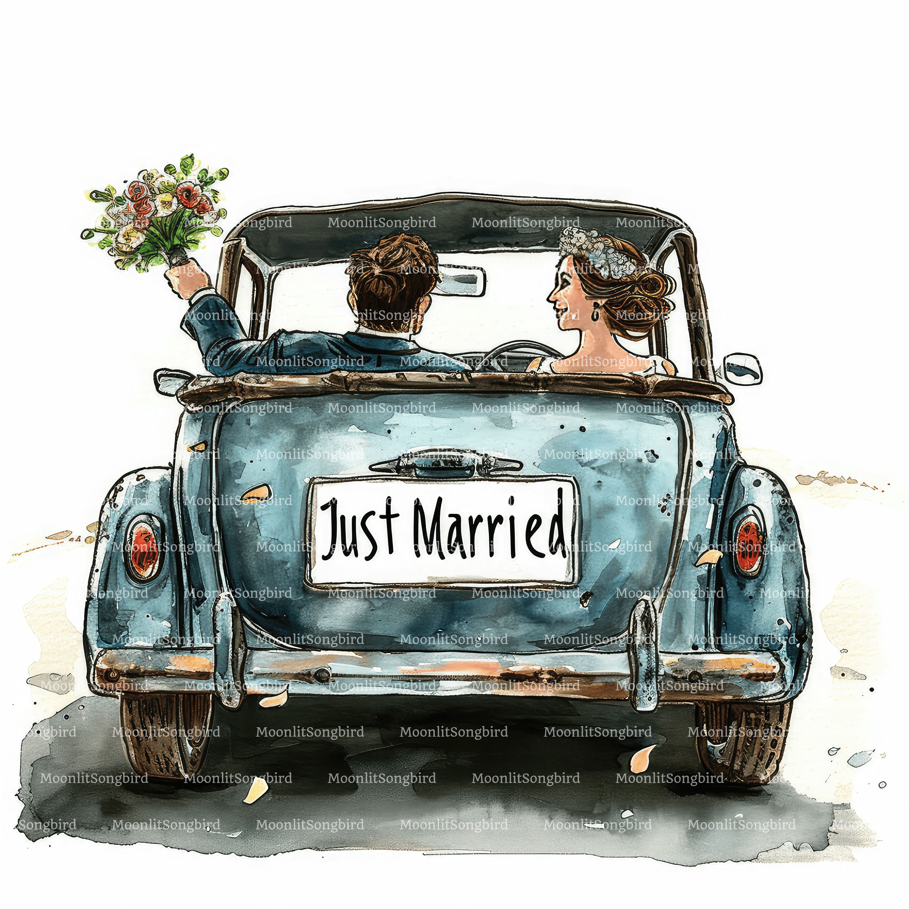 10 Just Married Car Clipart, Digital Download, Printable