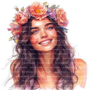 18 Kobieta z Kwiatową Koroną Clipart, Pobieranie Cyfrowe, Wydrukowalne Akwarele Clipart, Rękodzieło Papierowe, Kwiatowa Korona, Jakość JPG, Dziennik Śmieci