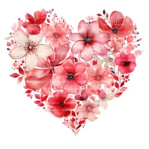 10 Clipart di cuori floreali, download digitale, carta acquerello stampabile, fiori, lavoretti di carta, cuore rosso rosa, JPG di alta qualità, Junk Journal