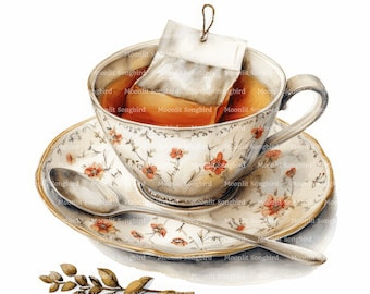 12 Cup of Tea with Tea Bag Clipart, Digital Download, Printable Watercolor Clipart, Paper Crafts, Vintage Teatime, Hot Drink, Junk Journal