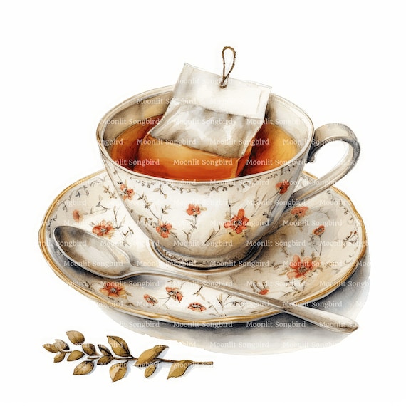 12 Tasse Tee mit Teebeutel Clipart, digitaler Download, druckbare Aquarell Clipart, Papiermodelle, Vintage Teatime, Heißgetränk, Junk Journal
