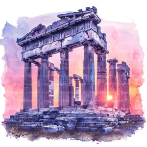 12 ruines du temple grec au coucher du soleil Clipart, téléchargement numérique, aquarelle imprimable, travaux manuels en papier, Grèce classique, Europe, JPG, journal indésirable