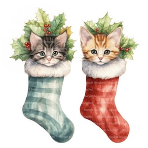 15 Clipart chat en bas de Noël, téléchargement numérique, aquarelle imprimable, travaux manuels en papier, haute résolution, JPG de haute qualité, journal indésirable
