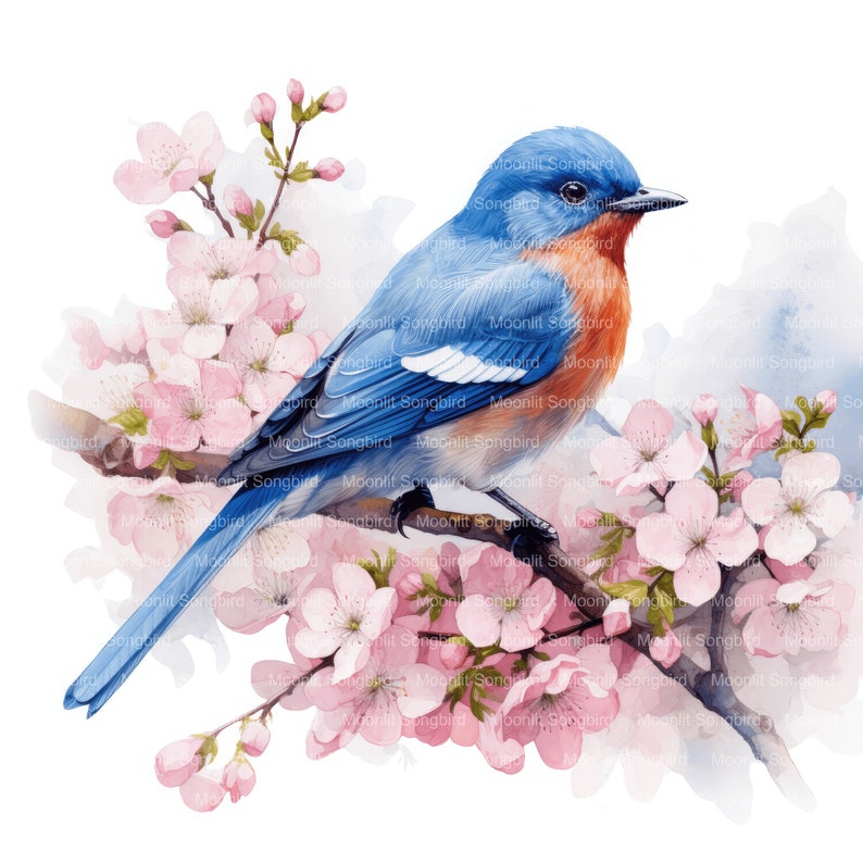 May include: A bluebird with a blue back, white chest, and orange belly perched on a branch with pink blossoms. The bird is facing right and has a long tail.