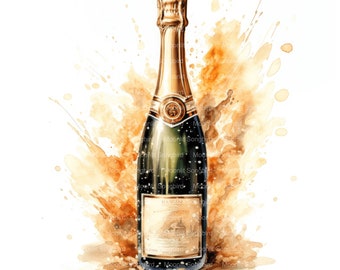 15 Sparkling Champagne Bottle Clipart, Digital Download, Printable Watercolor, Paper Crafts, High Resolution, High Quality JPG, Junk Journal