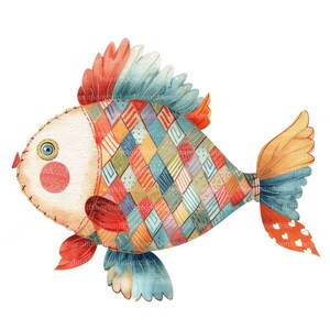 9 Clipart di pesci patchwork (solo immagini!) Download digitale, Clipart acquerello stampabile, lavori di carta, immagini di pesci trapuntati, diario spazzatura