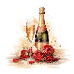 15 clipart de rosas vermelhas e champanhe, download digital, aquarela para impressão, artesanato em papel, alta resolução, JPG de alta qualidade, diário de lixo
