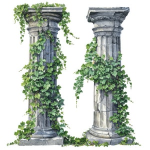 12 pilastri greci con foglie di vite Clipart, download digitale, clipart acquerello stampabile, lavori di carta, Grecia antica, JPG, Junk Journal