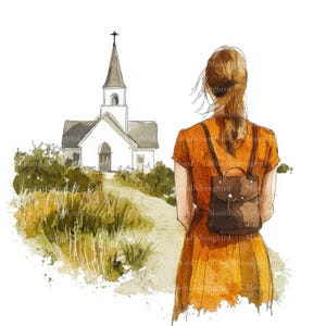 Può includere: Acquerello di una persona con un vestito arancione e uno zaino marrone, di fronte a una chiesa bianca con campanile. La scena è ambientata su un sentiero con erba alta e vegetazione, evocando pace e solitudine.