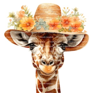 16 Giraffe with Sun Hat Clipart, Digital Download, Printable Watercolor Clipart, Paper Crafts, Summer Giraffe, Quality JPG, Junk Journal